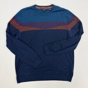 Ted Baker Men's Blue and Brown 100% Merino Wool Crewneck Sweater, Size 5